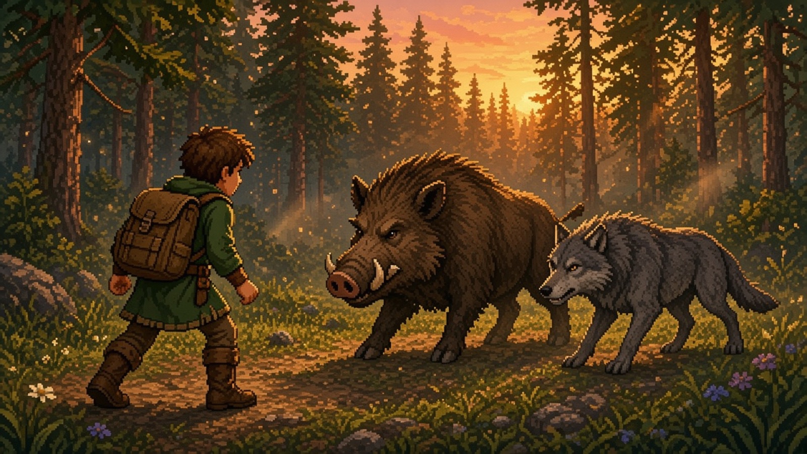 Ein Held steht im Wald einem Wildschwein und einem Wolf gegenüber