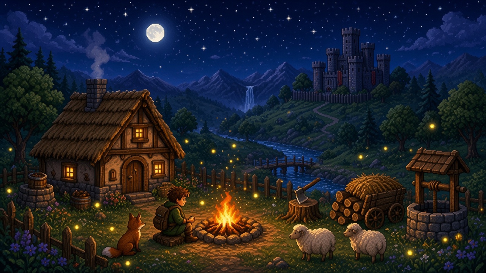 Das Dorf bei Nacht mit Mond, Sternen und Glühwürmchen